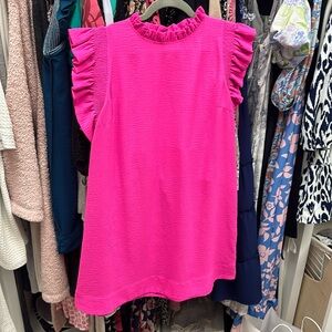 Darling flowy ruffle neon pink mini dress!